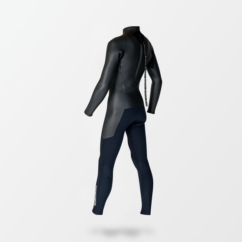 Japanese long sleeve full suit wetsuit with Fahrenheit Celsius Wetsuits logo on the strap and a visible brand name, featuring a smooth rubber outer layer.