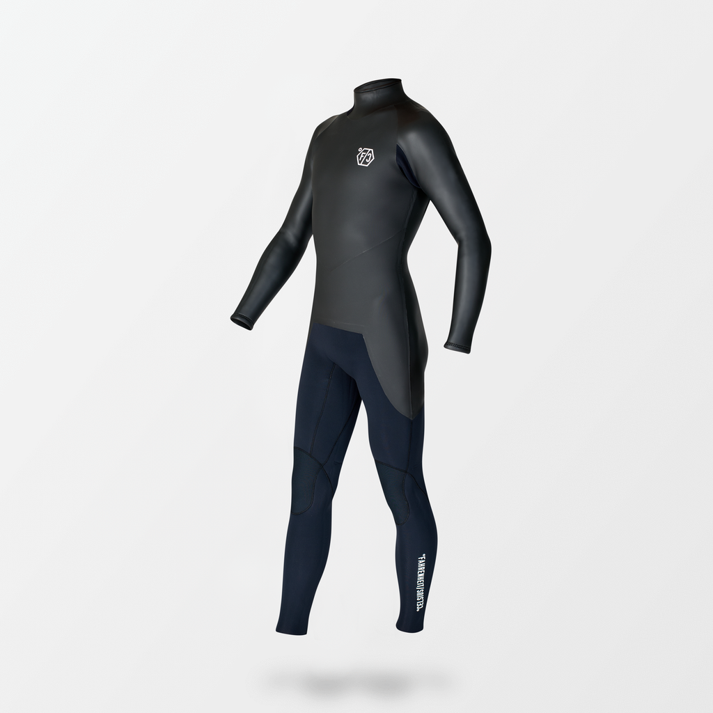 Japanese long sleeve full suit wetsuit with Fahrenheit Celsius Wetsuits logo on the chest and a visible brand name, featuring a smooth rubber outer layer.