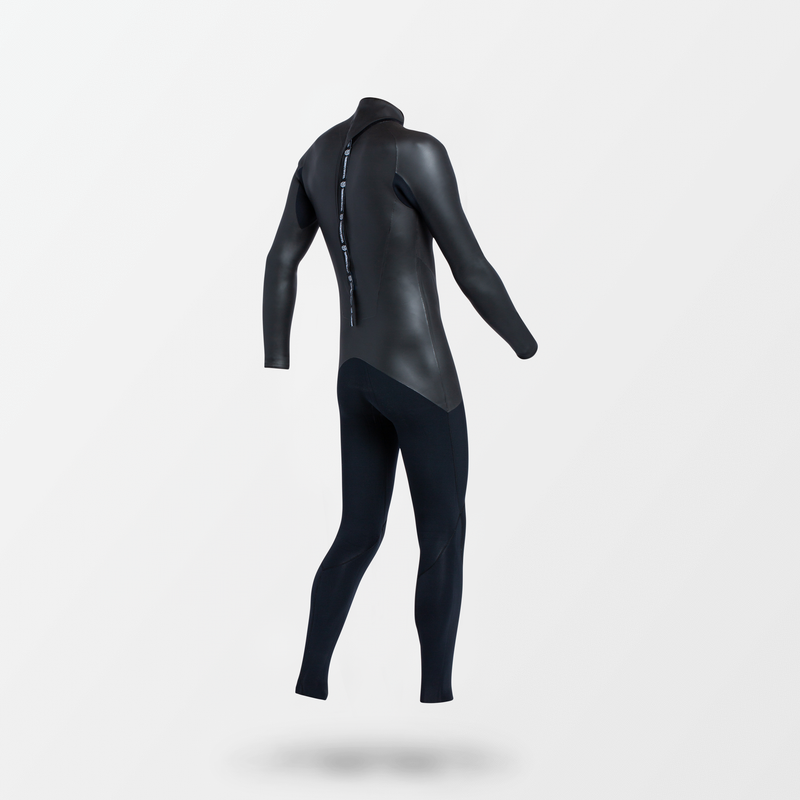 Japanese full suit wetsuit with Fahrenheit Celsius Wetsuits logo on the chest and a visible brand name, featuring a smooth rubber outer layer.