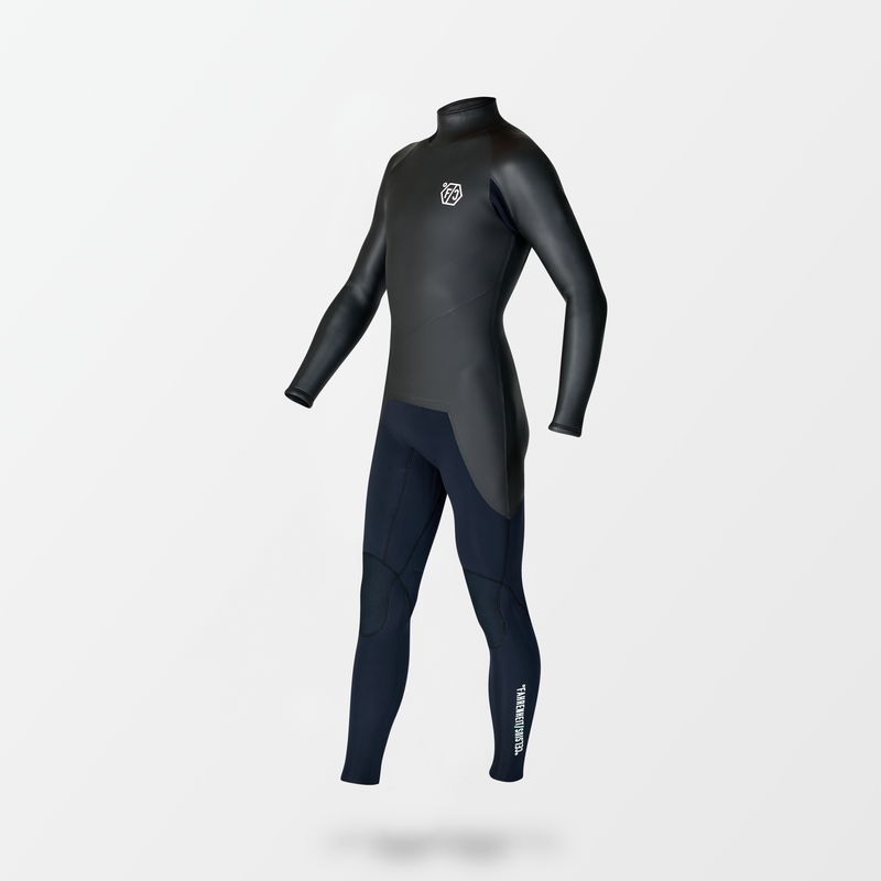 Japanese long sleeve full suit wetsuit with Fahrenheit Celsius Wetsuits logo on the chest and a visible brand name, featuring a smooth rubber outer layer.