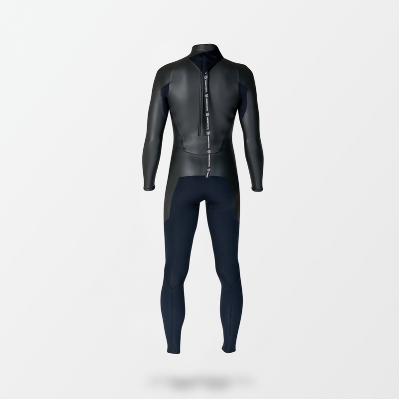 Japanese long sleeve full suit wetsuit with Fahrenheit Celsius Wetsuits logo on the strap and a visible brand name, featuring a smooth rubber outer layer.