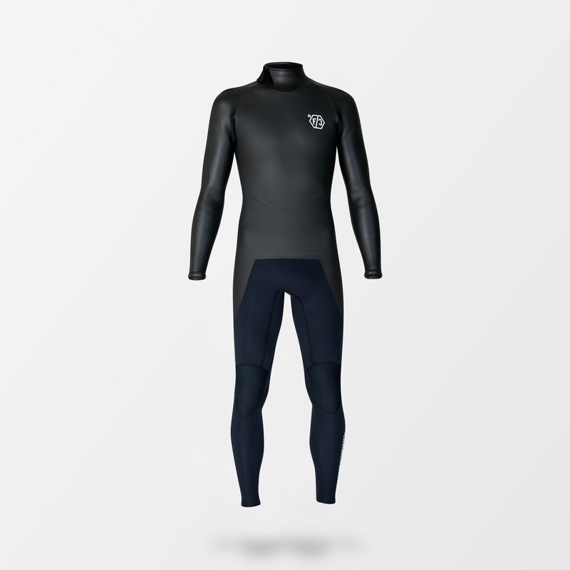 Japanese long sleeve full suit wetsuit with Fahrenheit Celsius Wetsuits logo on the chest and a visible brand name, featuring a smooth rubber outer layer.