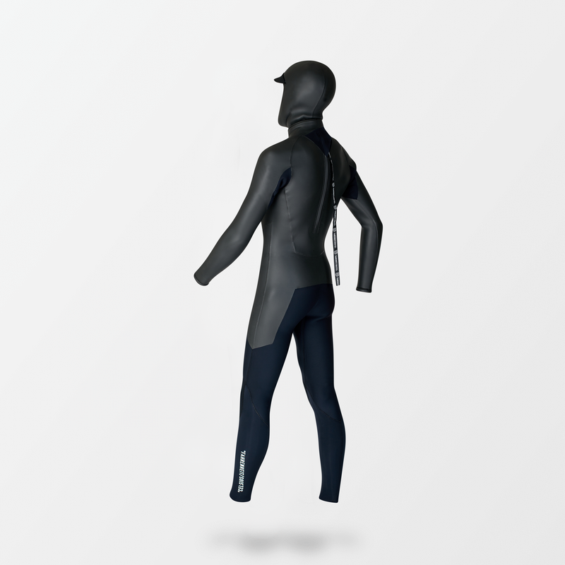 Japanese long sleeve full suit wetsuit with Fahrenheit Celsius Wetsuits logo on the strap and a visible brand name, featuring a smooth rubber outer layer.