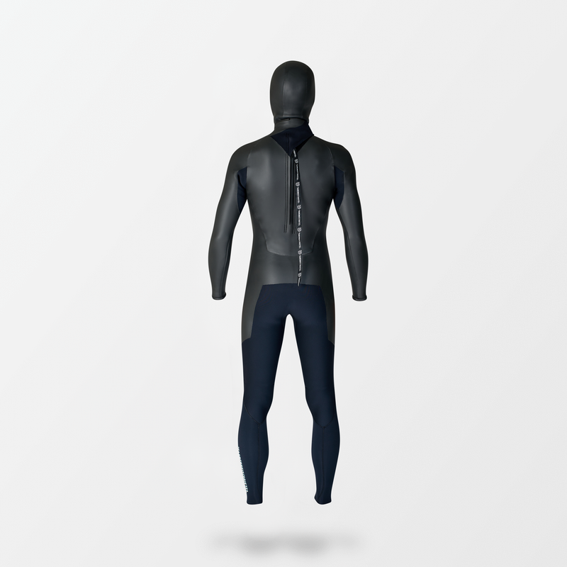 Japanese long sleeve full suit wetsuit with Fahrenheit Celsius Wetsuits logo on the strap and a visible brand name, featuring a smooth rubber outer layer.