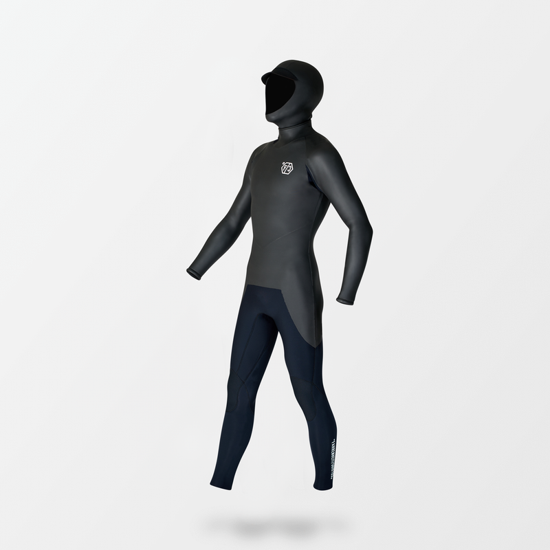 Japanese long sleeve full suit wetsuit with Fahrenheit Celsius Wetsuits logo on the chest and a visible brand name, featuring a smooth rubber outer layer.