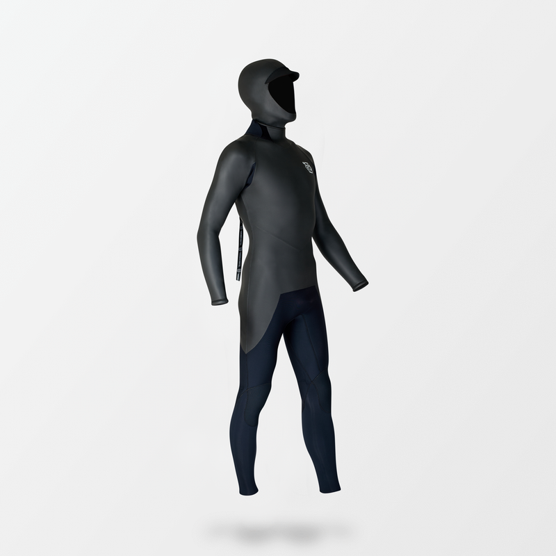 Japanese long sleeve full suit wetsuit with Fahrenheit Celsius Wetsuits logo on the strap and a visible brand name, featuring a smooth rubber outer layer.