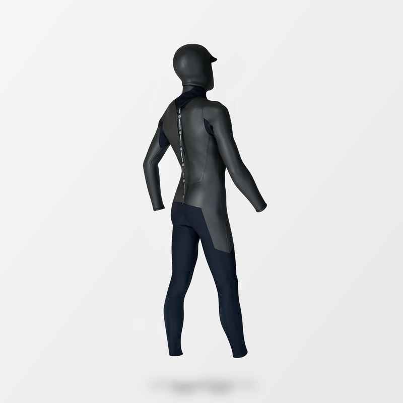 Japanese long sleeve full suit wetsuit with Fahrenheit Celsius Wetsuits logo on the strap and a visible brand name, featuring a smooth rubber outer layer.