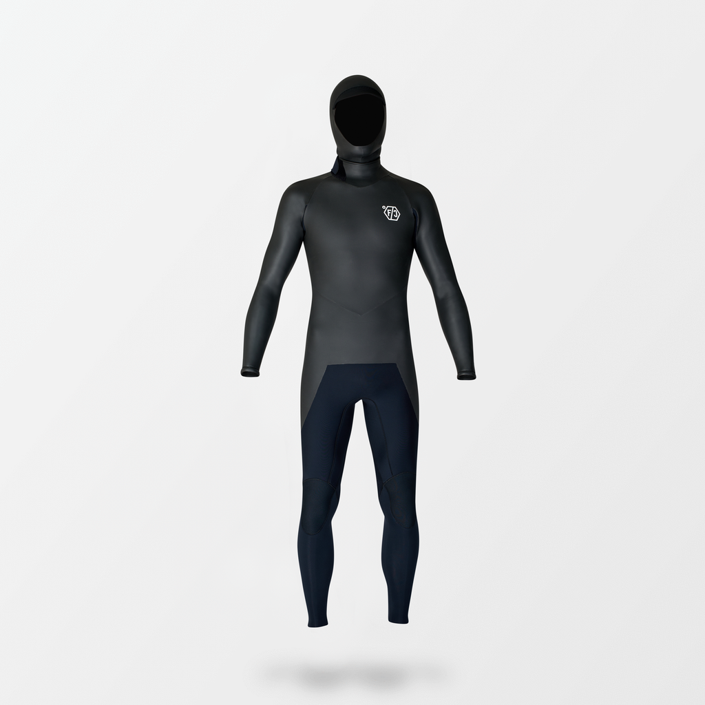 Japanese long sleeve full suit wetsuit with Fahrenheit Celsius Wetsuits logo on the chest and, featuring a smooth rubber outer layer.