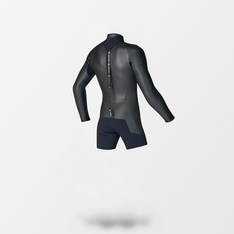 A black Japanese Spring wetsuit with Fahrenheit Celsius Wetsuits logo on the chest and a visible brand name, featuring a smooth 'rubber' outer layer.