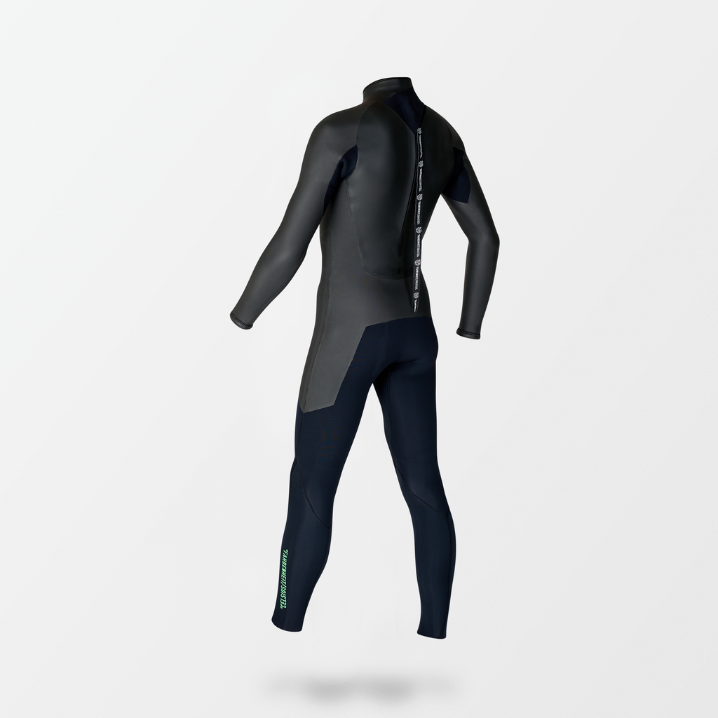 Japanese long sleeve full suit wetsuit with Fahrenheit Celsius Wetsuits logo on the chest and a visible brand name, featuring a smooth rubber outer layer.