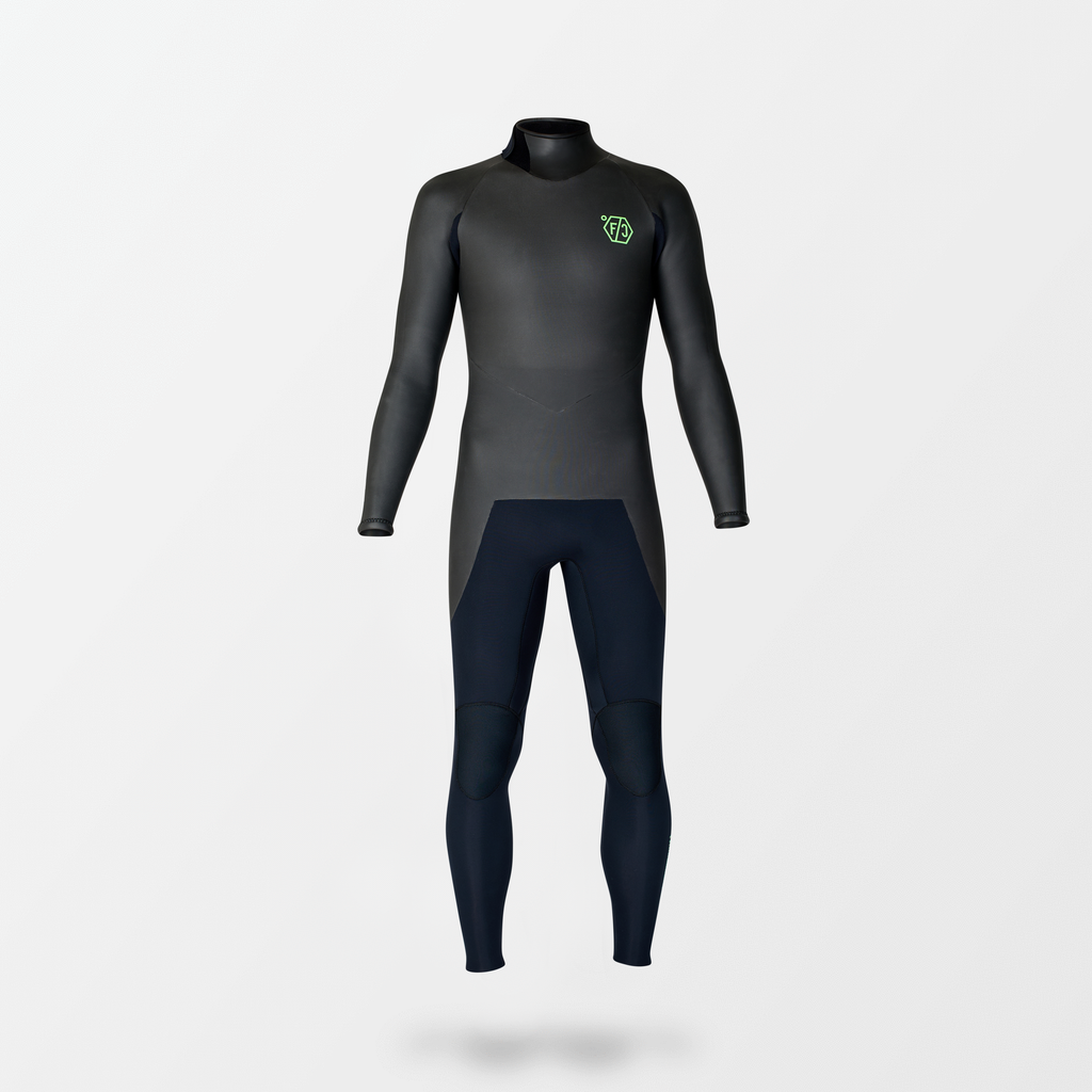 Japanese long sleeve full suit wetsuit with Fahrenheit Celsius Wetsuits logo on the chest and a visible brand name, featuring a smooth rubber outer layer.
