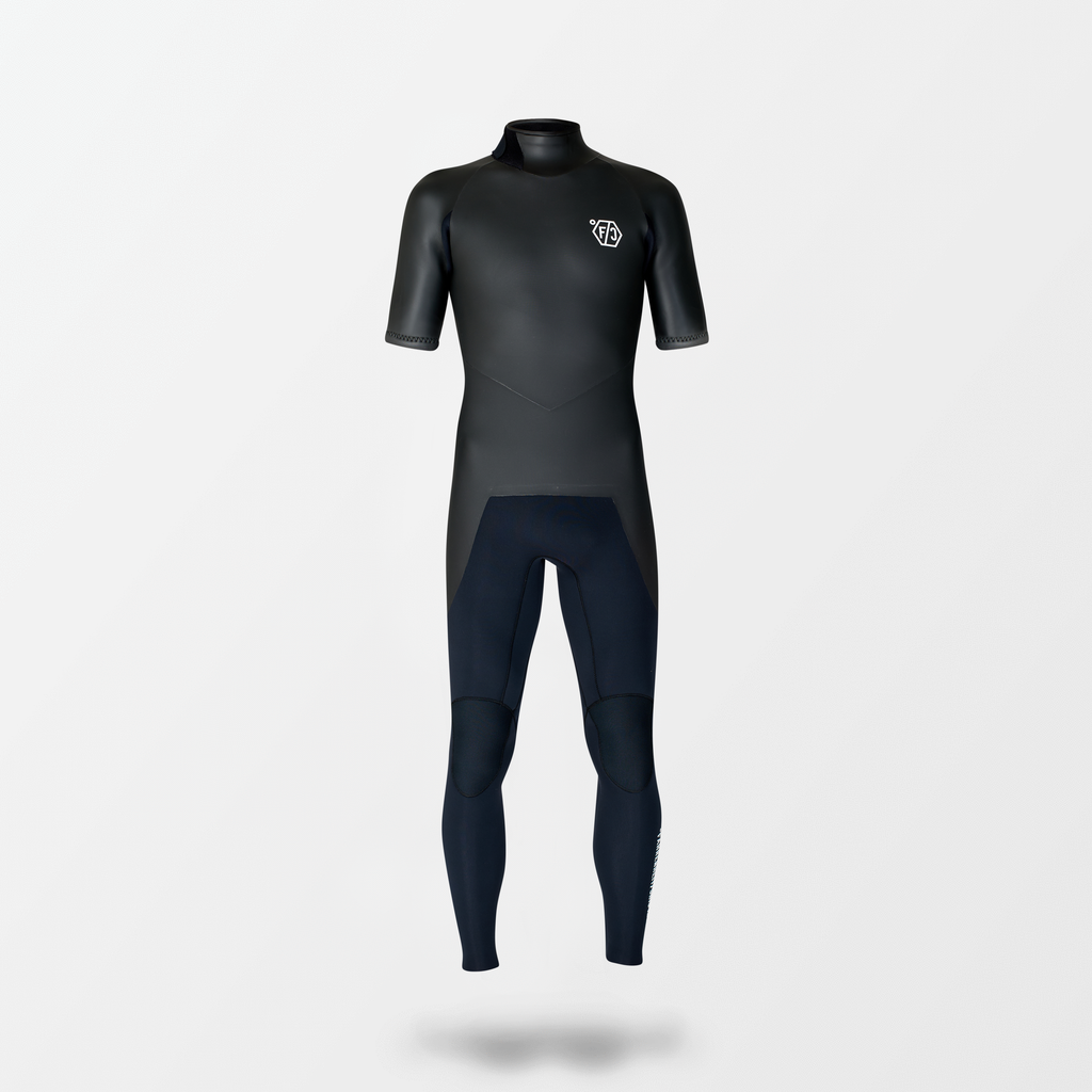 Japanese short sleeve full suit wetsuit with Fahrenheit Celsius Wetsuits logo on the chest and a visible brand name, featuring a smooth rubber outer layer.